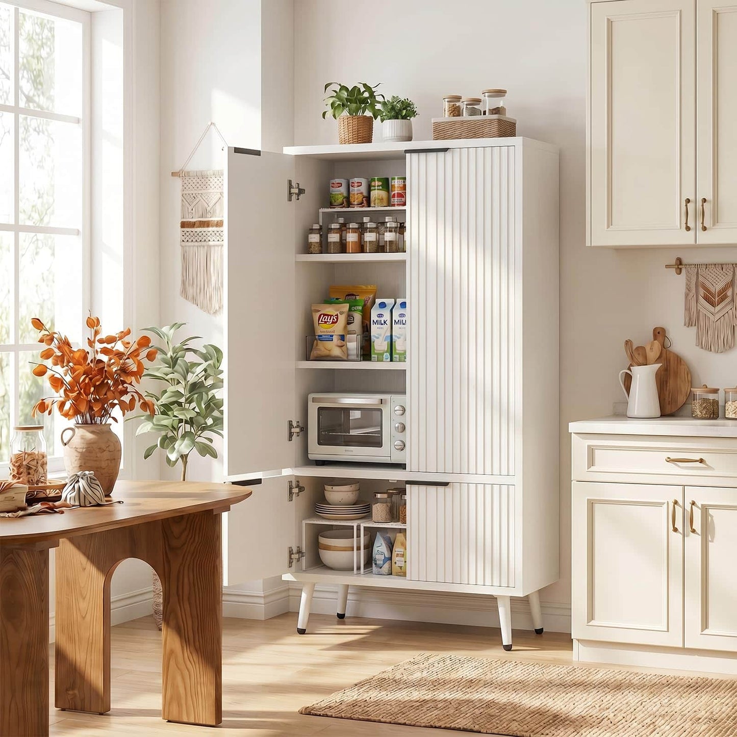 51.2" Freestanding Storage Cabinet with 4 Fluted Doors, Adjustable Shelves & Raised Legs - Wobble-Free Organizer for Bathroom, Kitchen, Living Room