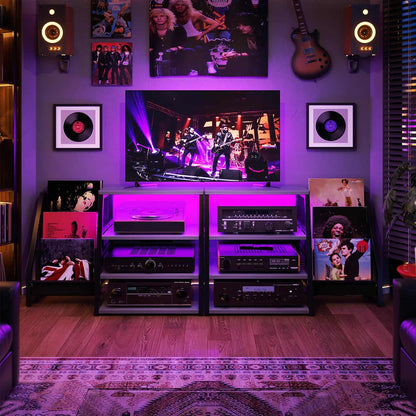 4-Tier Media Stand with Vinyl Storage, Power Outlets & LED Lights