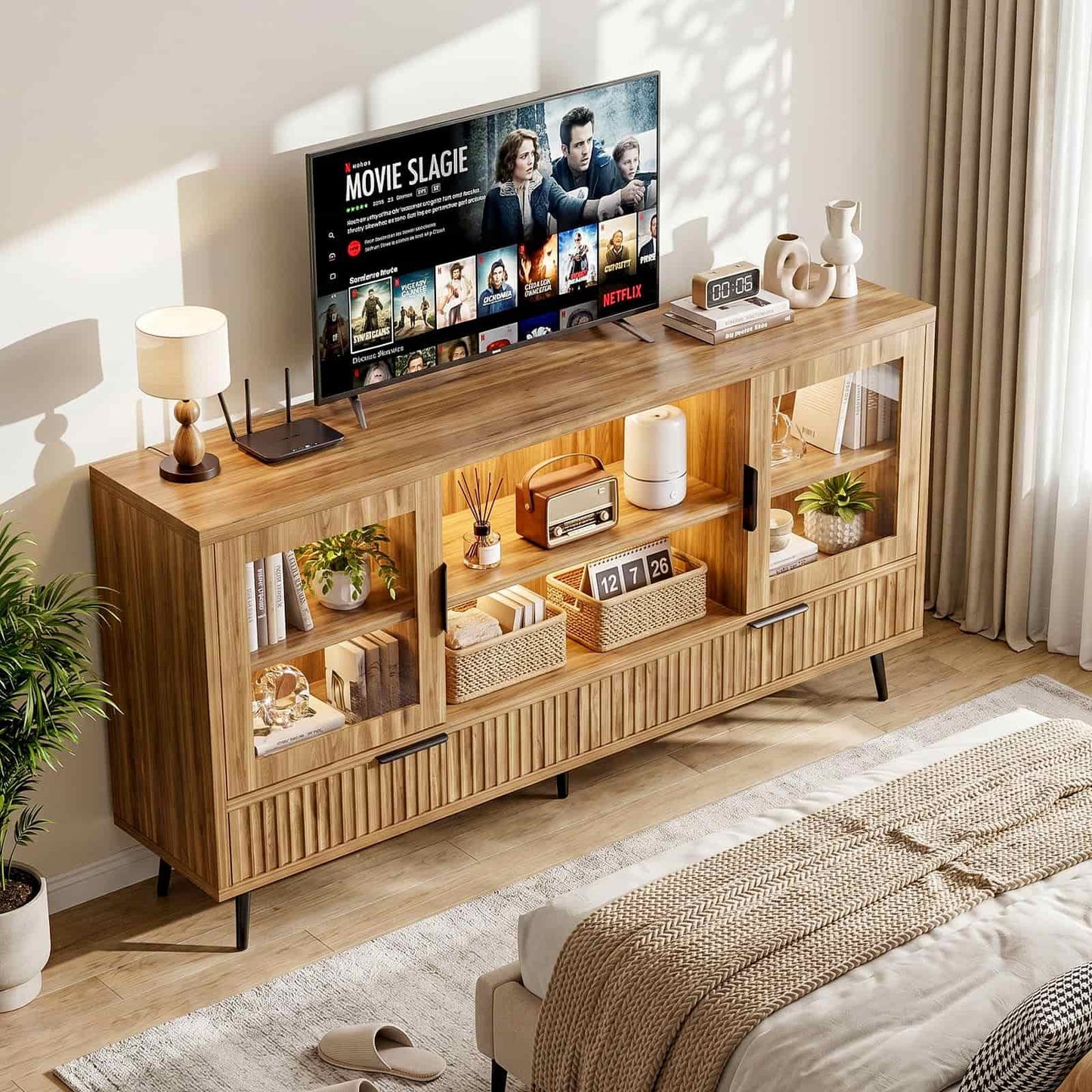 RGB LED TV Stand with Power Outlet, 45" Entertainment Center with 8 Storage Drawers & Cabinets, Vanity Storage Cabinet ,Media Console Fits 30"-55" TVs for Living Room Bedroom