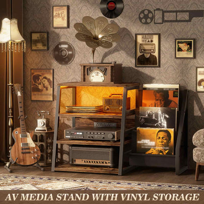 4-Tier Media Stand with Vinyl Storage, Power Outlets & LED Lights