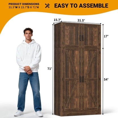 Farmhouse Kitchen Pantry Storage Cabinet with Adjustable Shelves and Barn Doors