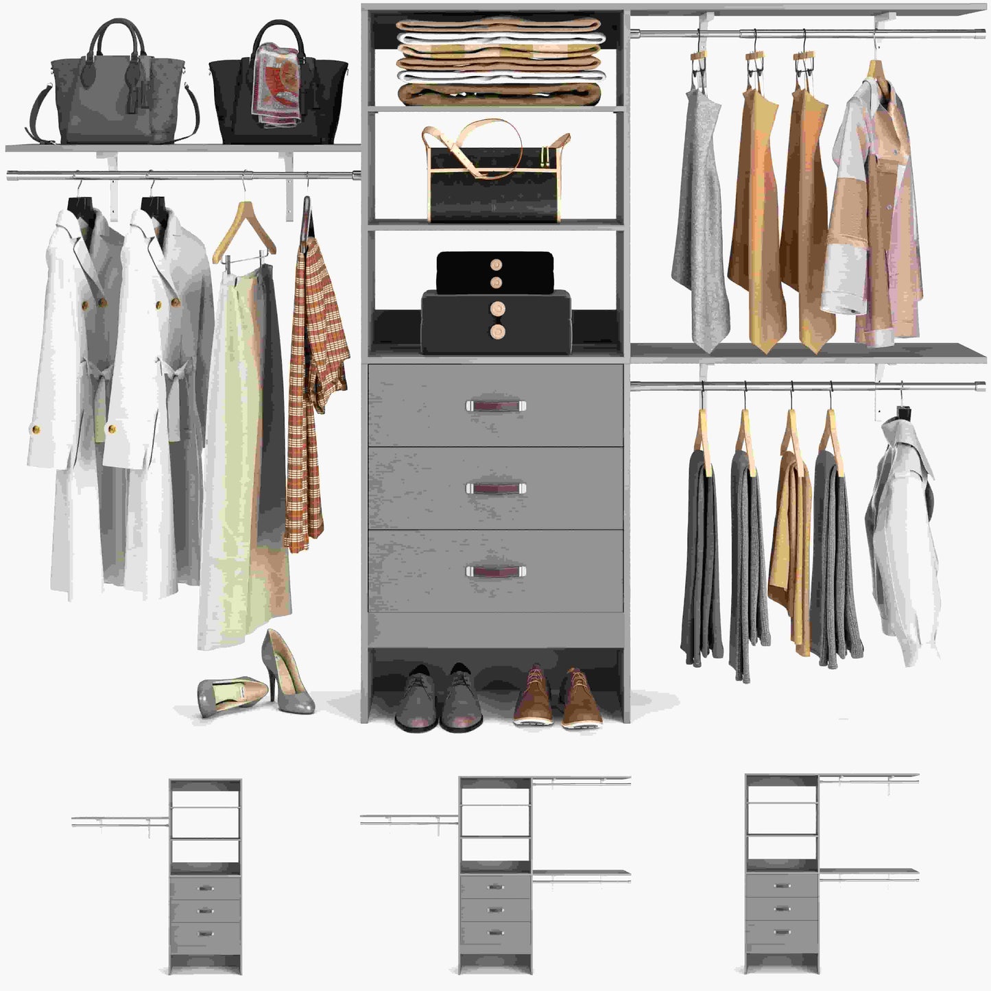 96‘’ W Closet System, Walk In Closet Organizer with 3 Shelving Towers