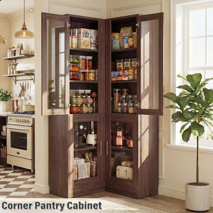 70'' Tall Corner Pantry Cabinet with Glass Doors and LED Lights