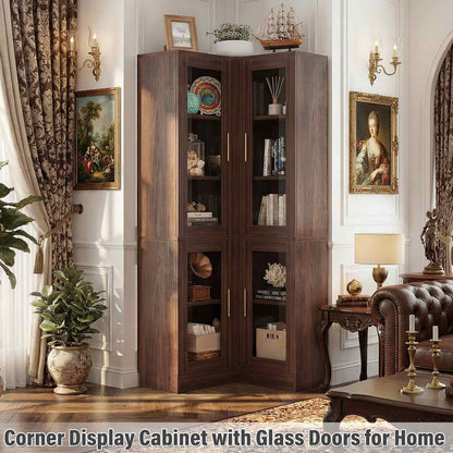 70'' Tall Corner Pantry Cabinet with Glass Doors and LED Lights
