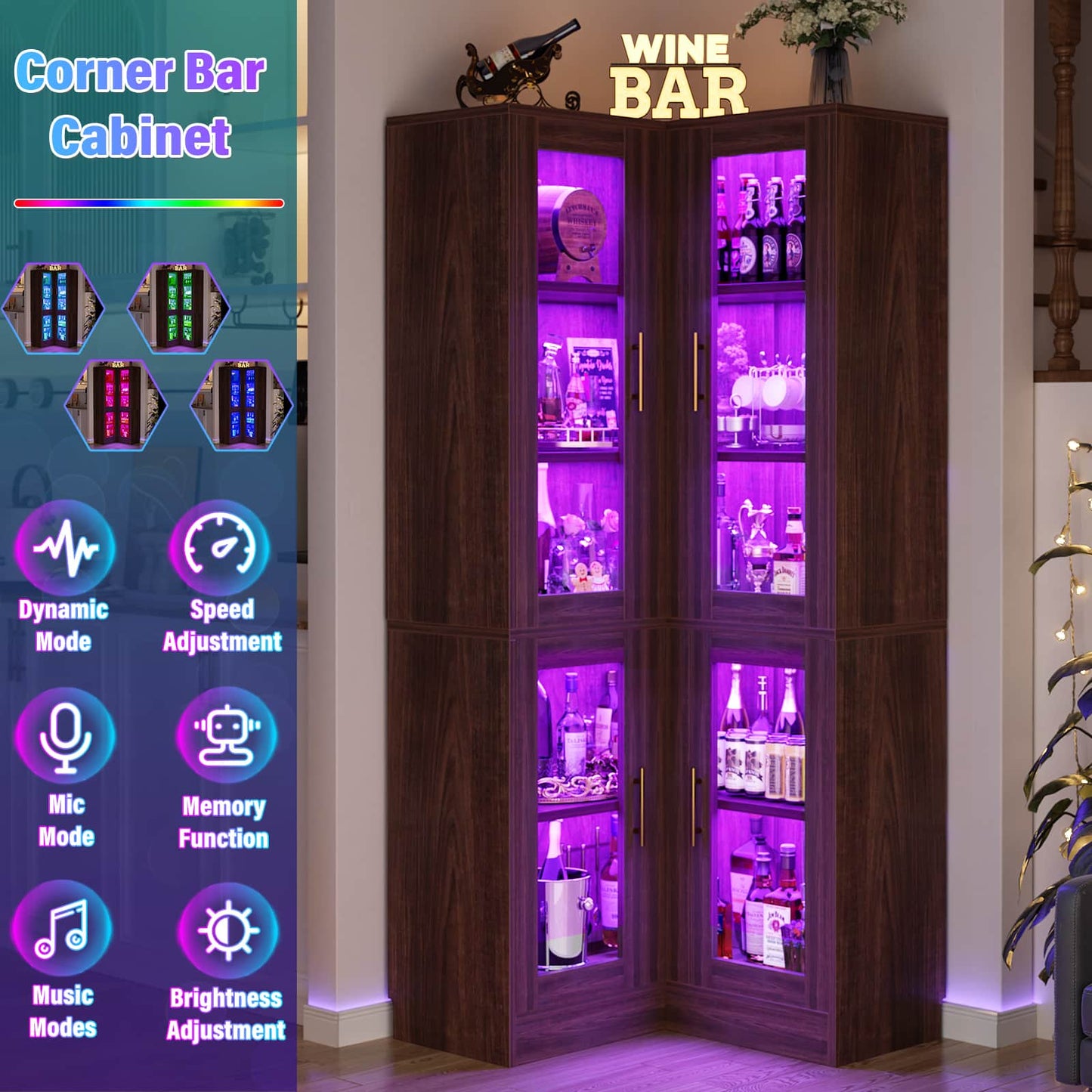 70'' Tall Corner Pantry Cabinet with Glass Doors and LED Lights