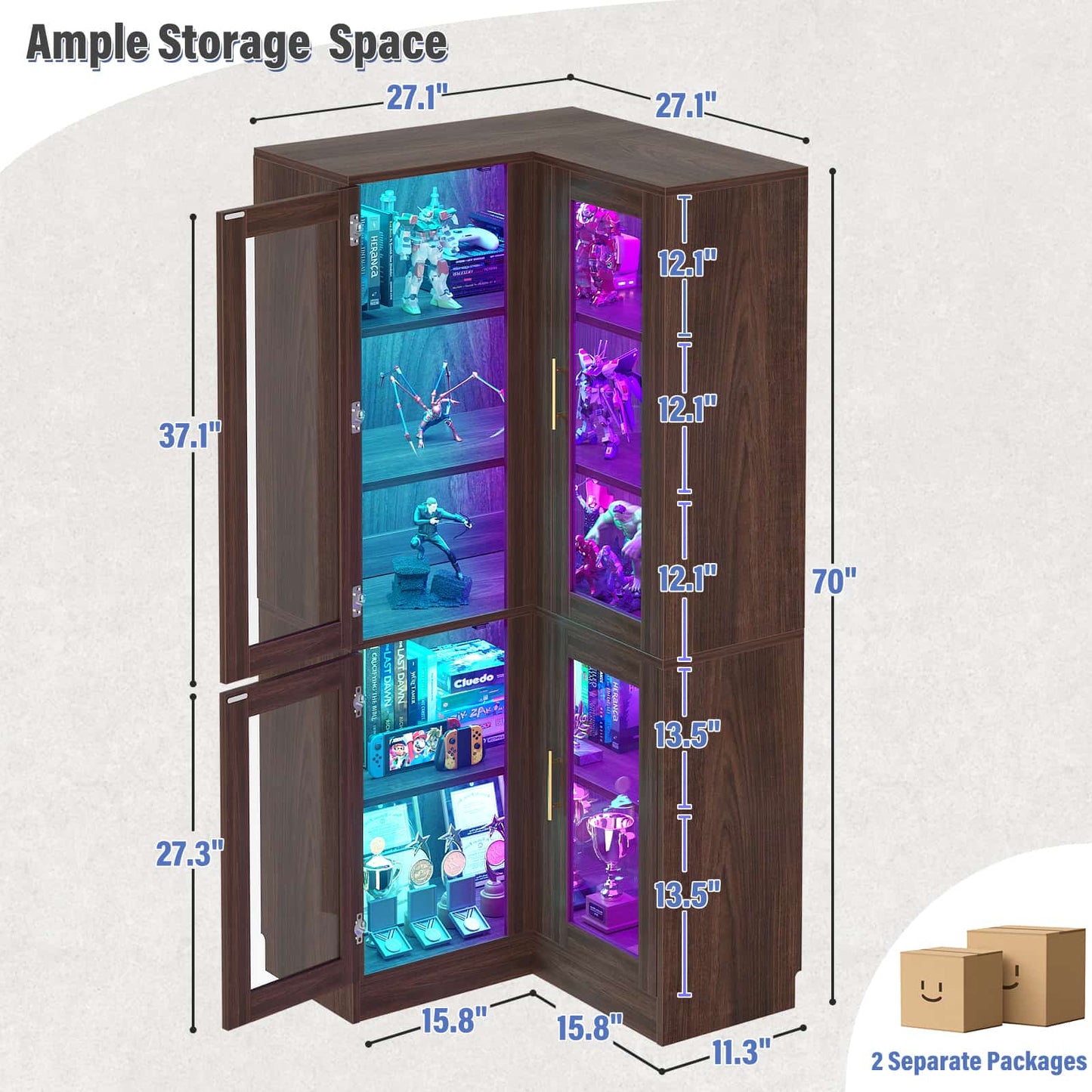 70'' Tall Corner Pantry Cabinet with Glass Doors and LED Lights
