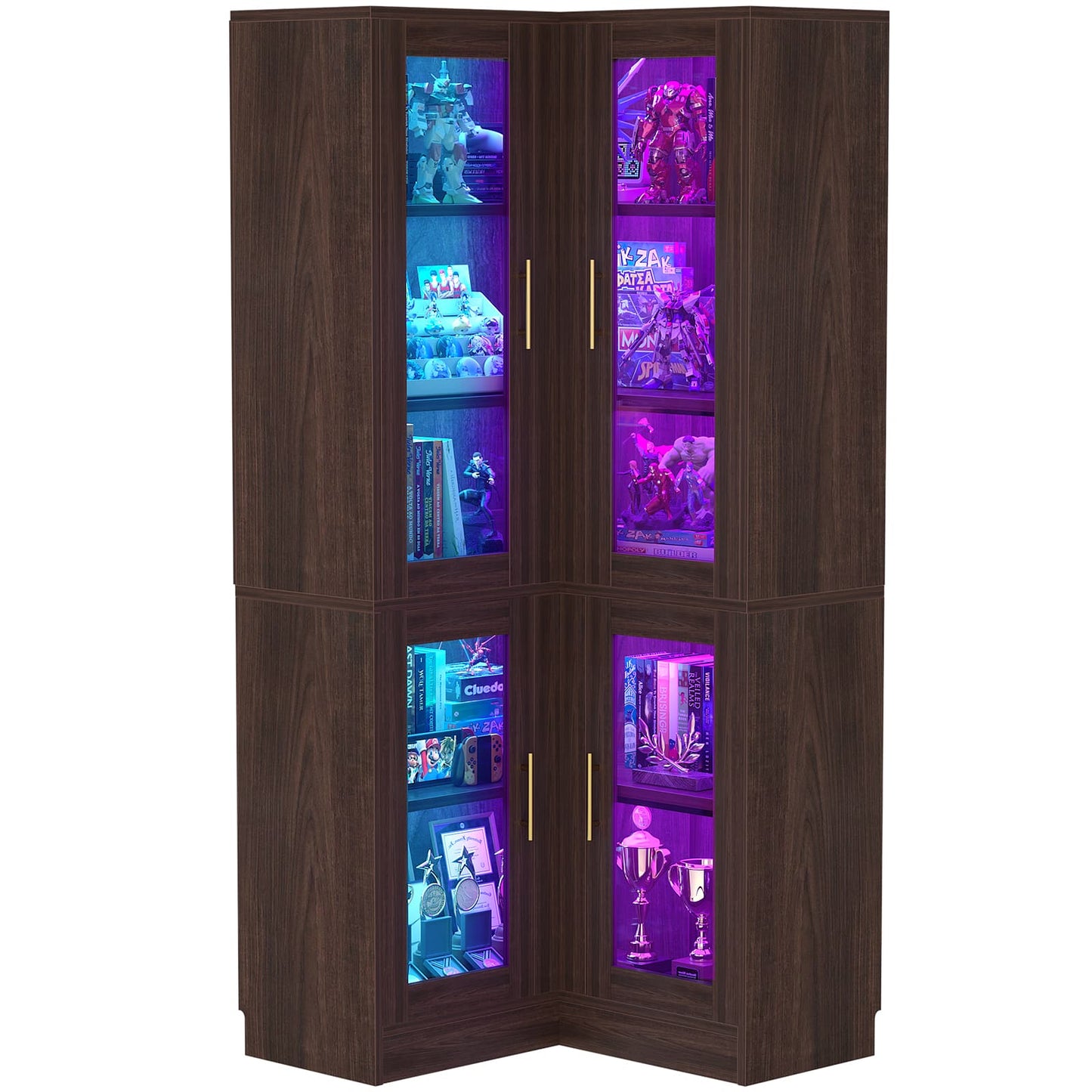70'' Tall Corner Pantry Cabinet with Glass Doors and LED Lights