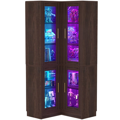 70'' Tall Corner Pantry Cabinet with Glass Doors and LED Lights