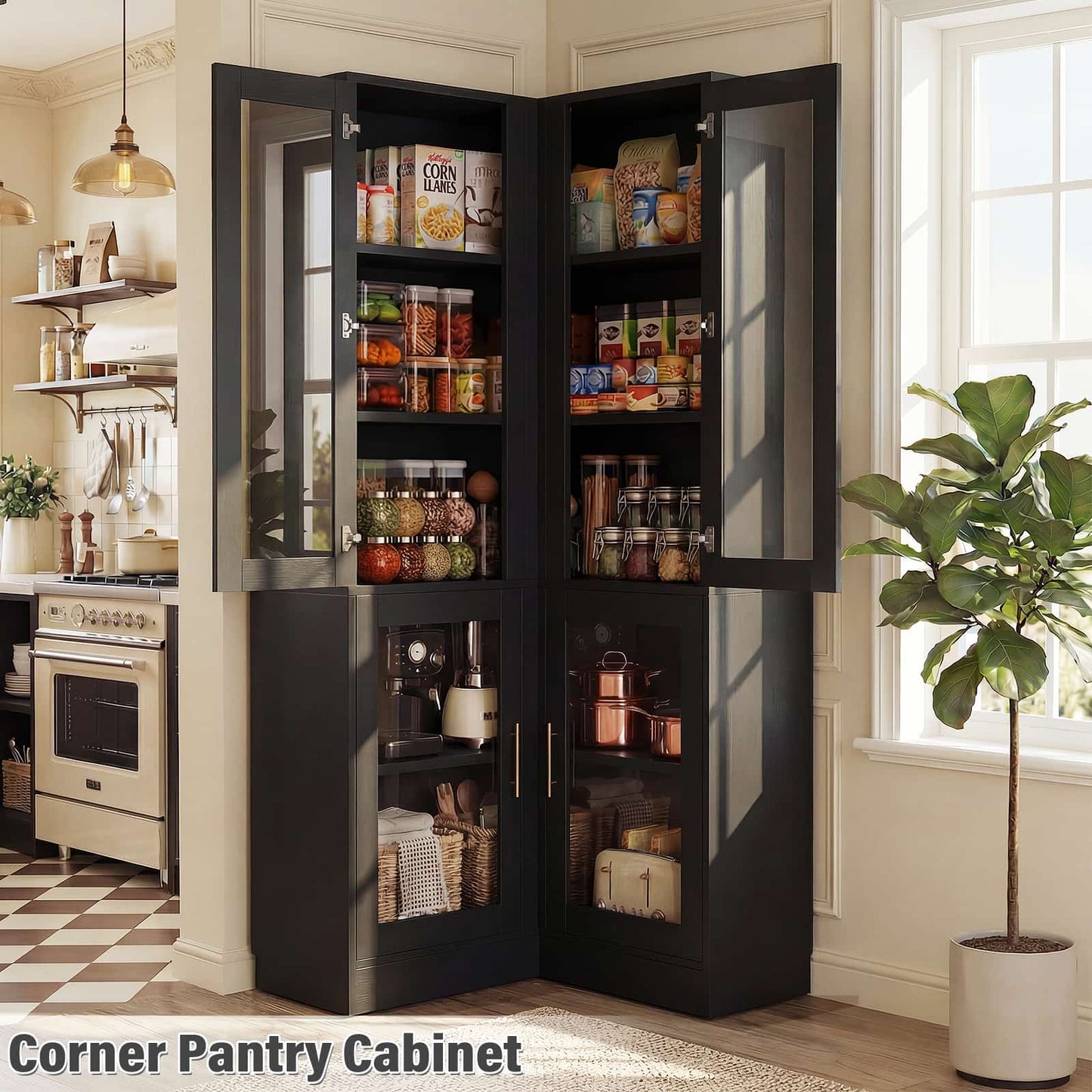 70'' Tall Corner Pantry Cabinet with Glass Doors and LED Lights
