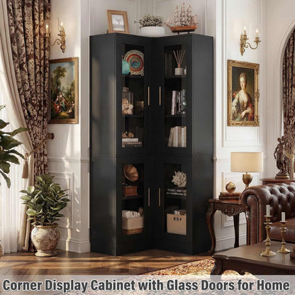 70'' Tall Corner Pantry Cabinet with Glass Doors and LED Lights
