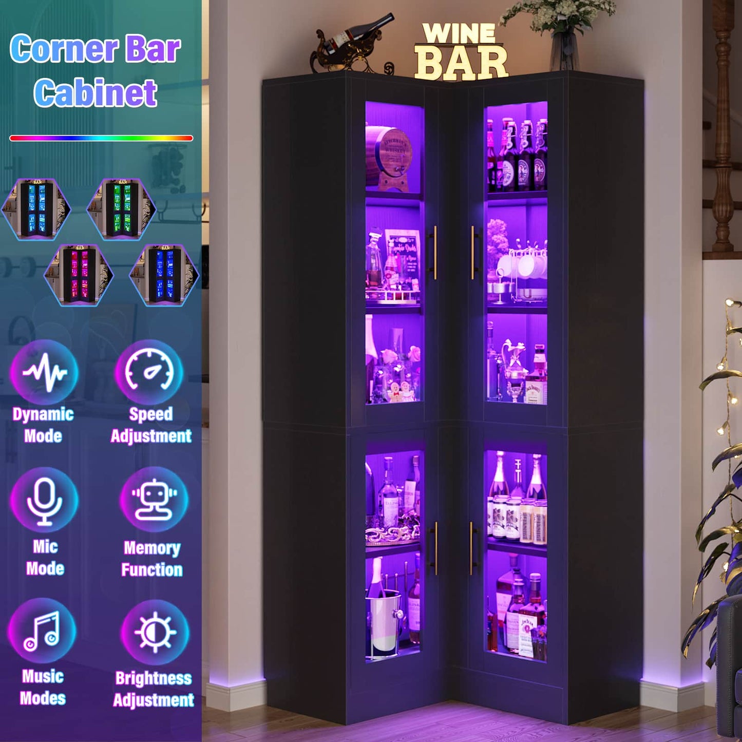70'' Tall Corner Pantry Cabinet with Glass Doors and LED Lights