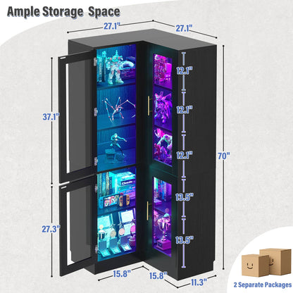 70'' Tall Corner Pantry Cabinet with Glass Doors and LED Lights