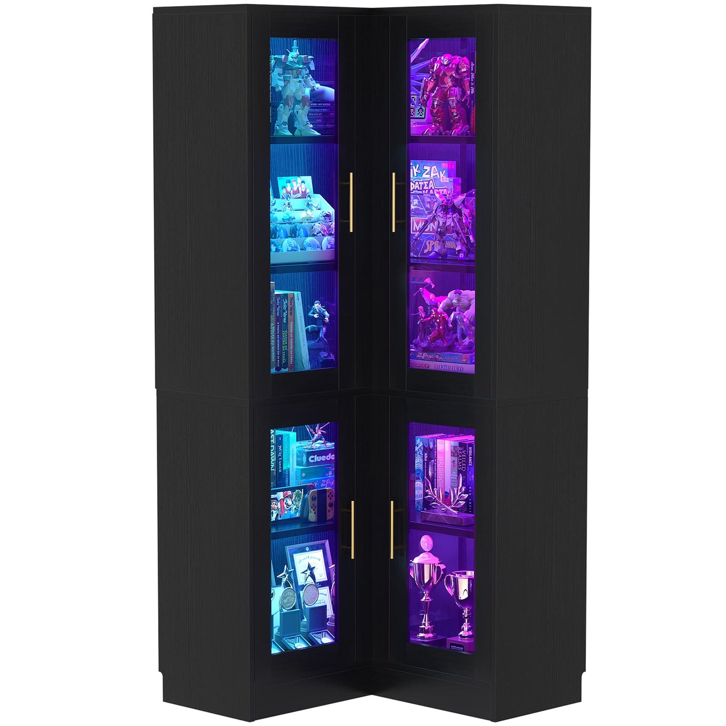 70'' Tall Corner Pantry Cabinet with Glass Doors and LED Lights