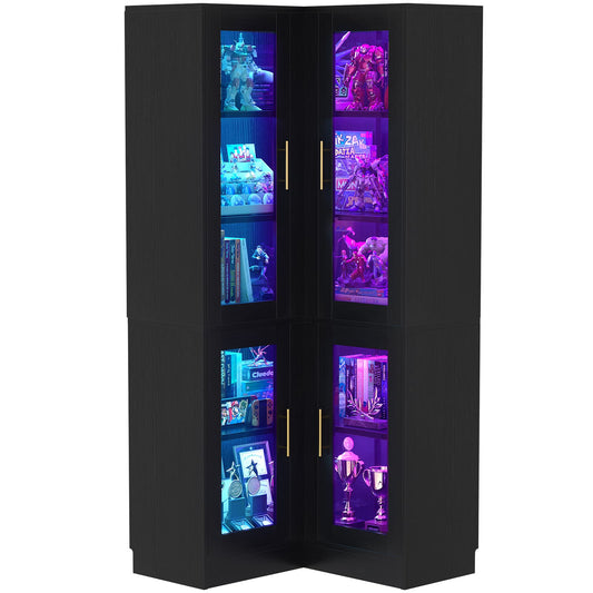 70'' Tall Corner Pantry Cabinet with Glass Doors and LED Lights