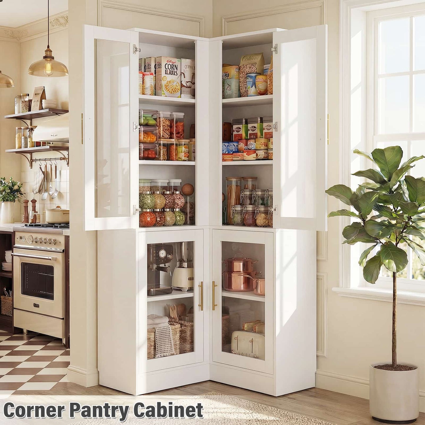 70'' Tall Corner Pantry Cabinet with Glass Doors and LED Lights