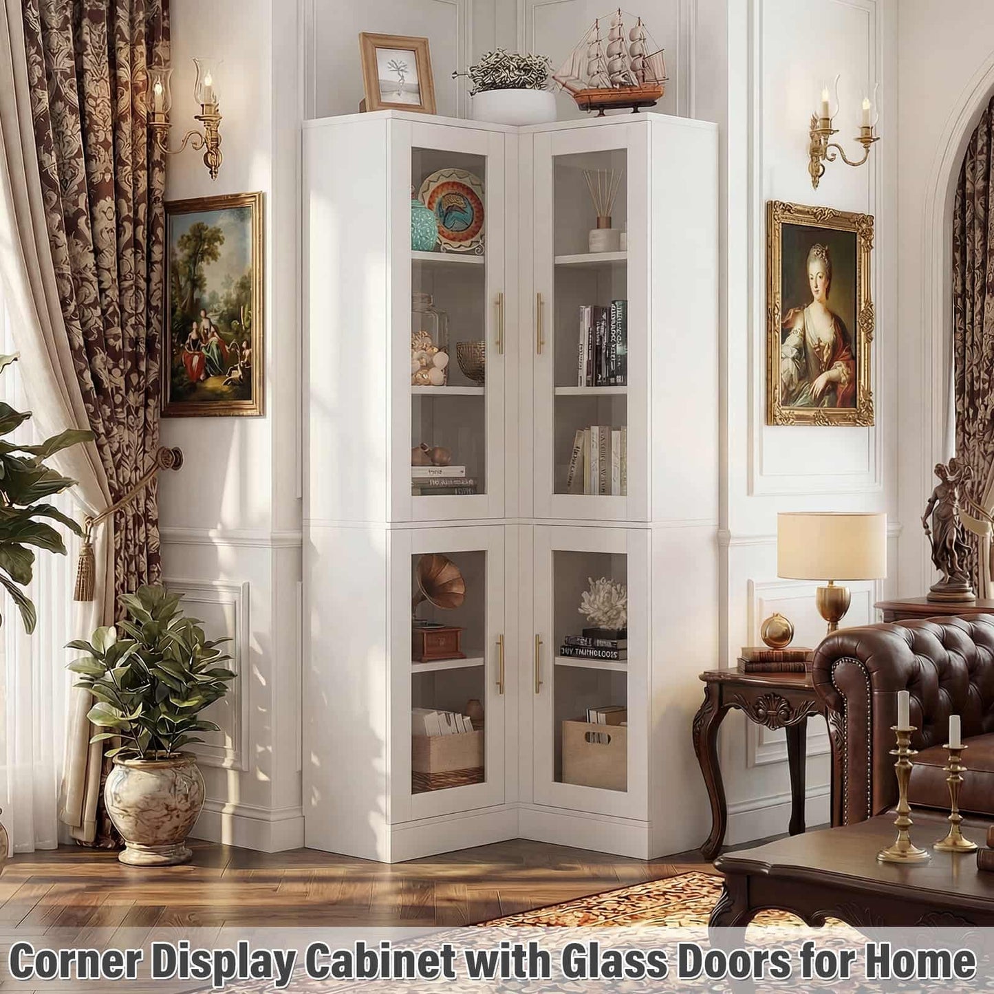 70'' Tall Corner Pantry Cabinet with Glass Doors and LED Lights