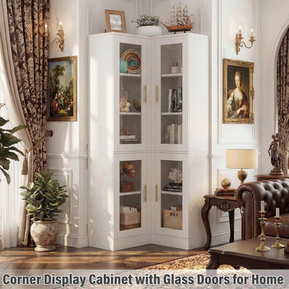 70'' Tall Corner Pantry Cabinet with Glass Doors and LED Lights