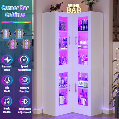 70'' Tall Corner Pantry Cabinet with Glass Doors and LED Lights