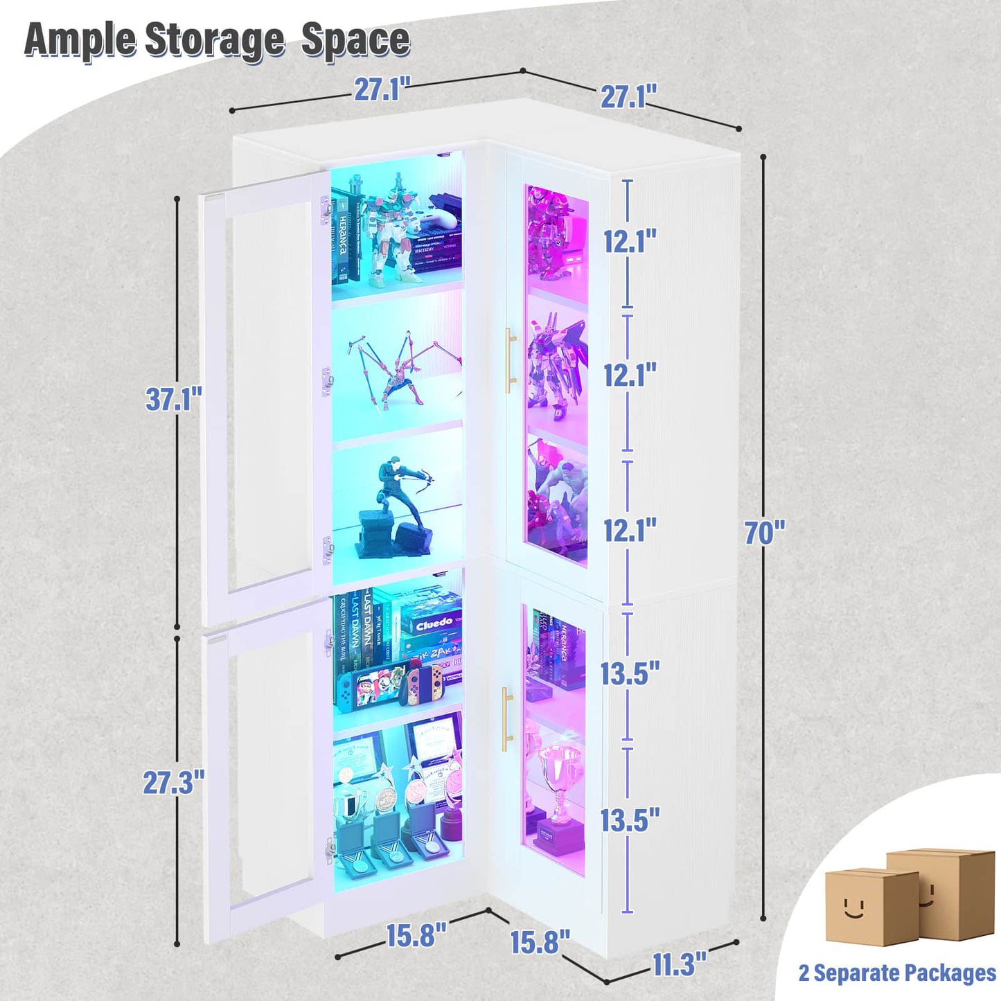 70'' Tall Corner Pantry Cabinet with Glass Doors and LED Lights
