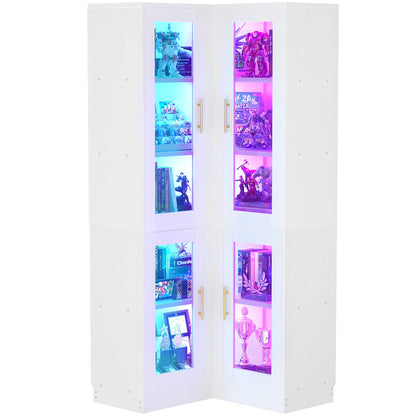 70'' Tall Corner Pantry Cabinet with Glass Doors and LED Lights