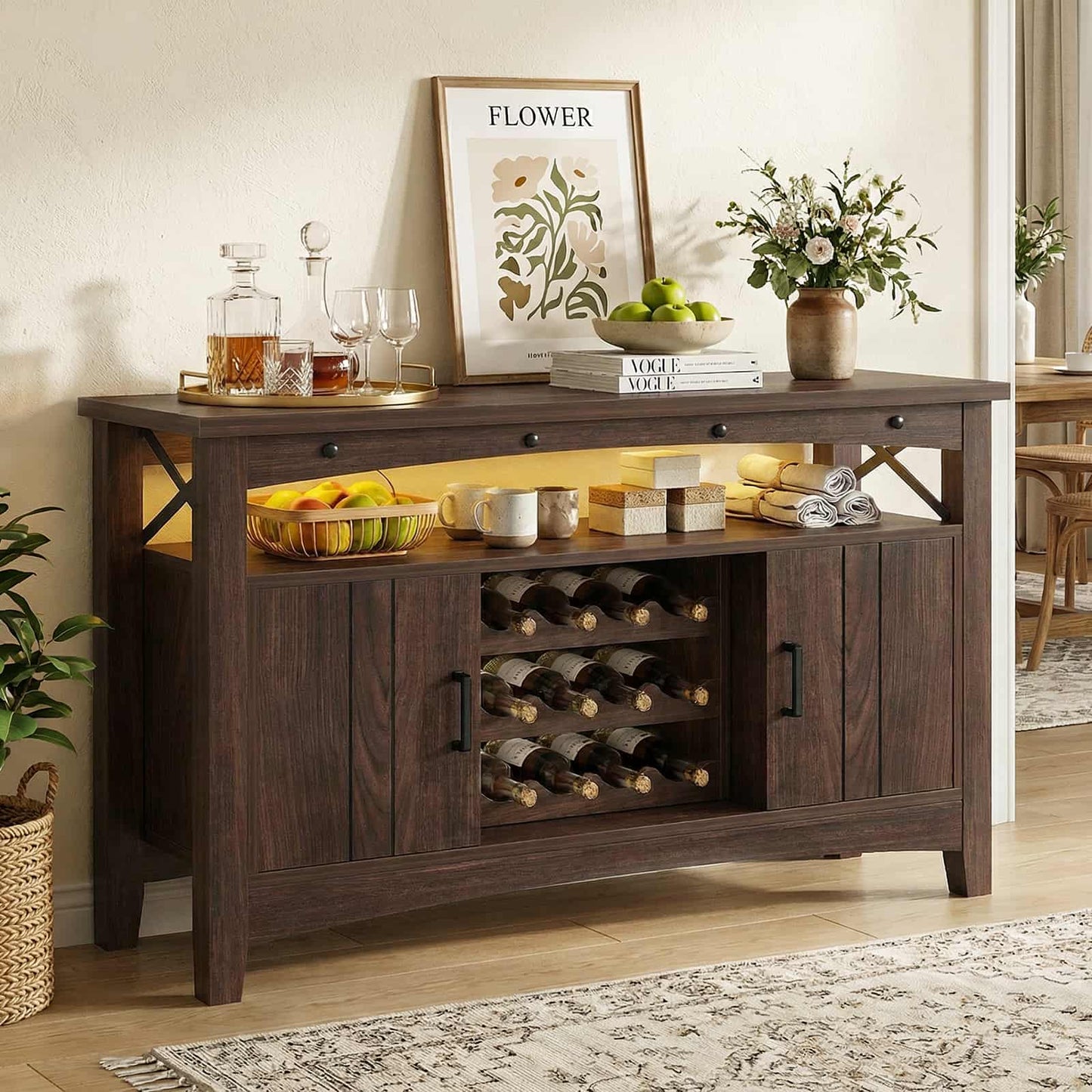 Wine Bar Cabinet with Power Outlets, Liquor Cabinet with LED Lights, and Movable Wooden Wine Rack