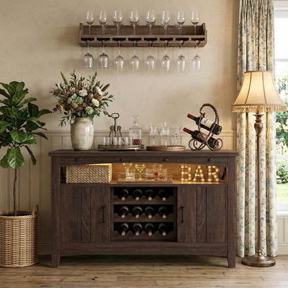 Wine Bar Cabinet with Power Outlets, Liquor Cabinet with LED Lights, and Movable Wooden Wine Rack