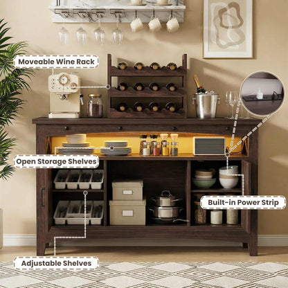 Wine Bar Cabinet with Power Outlets, Liquor Cabinet with LED Lights, and Movable Wooden Wine Rack