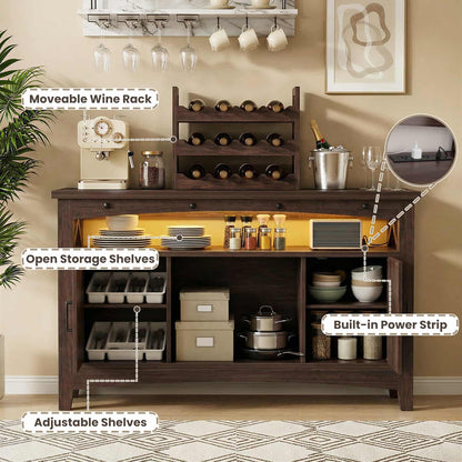 Farmhouse Coffee Bar Cabinet with Charging Station, LED Lights & Movable Wine Rack