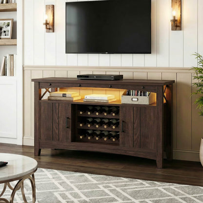 Wine Bar Cabinet with Power Outlets, Liquor Cabinet with LED Lights, and Movable Wooden Wine Rack