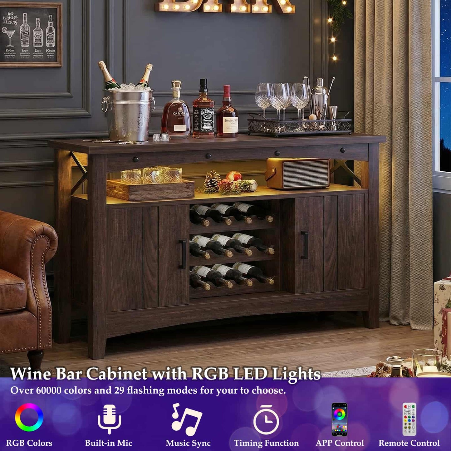 Wine Bar Cabinet with Power Outlets, Liquor Cabinet with LED Lights, and Movable Wooden Wine Rack