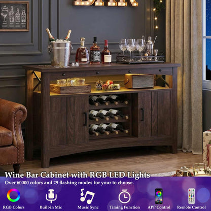 Wine Bar Cabinet with Power Outlets, Liquor Cabinet with LED Lights, and Movable Wooden Wine Rack