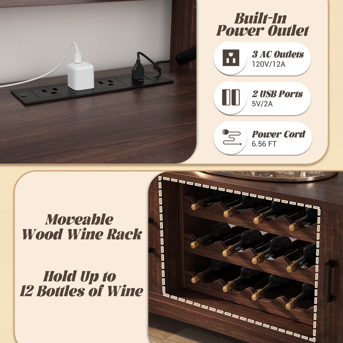 Wine Bar Cabinet with Power Outlets, Liquor Cabinet with LED Lights, and Movable Wooden Wine Rack