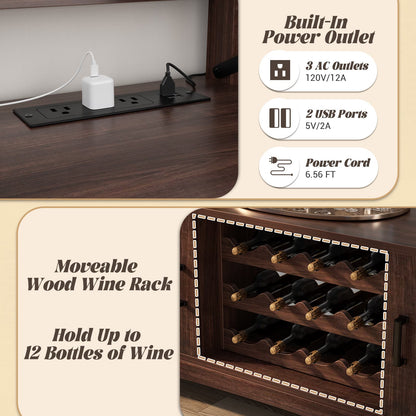 Wine Bar Cabinet with Power Outlets, Liquor Cabinet with LED Lights, and Movable Wooden Wine Rack