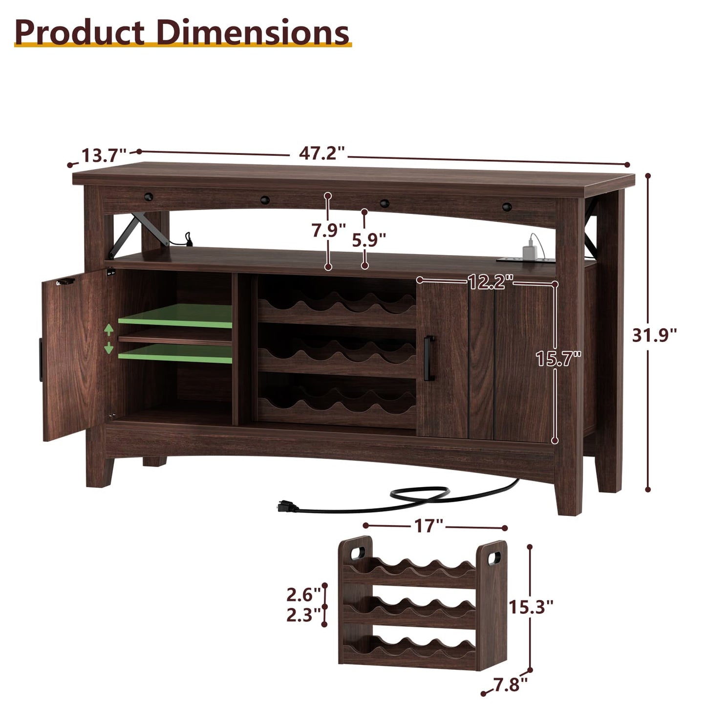 Wine Bar Cabinet with Power Outlets, Liquor Cabinet with LED Lights, and Movable Wooden Wine Rack