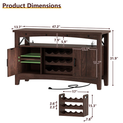 Farmhouse Coffee Bar Cabinet with Charging Station, LED Lights & Movable Wine Rack