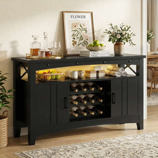 Wine Bar Cabinet with Power Outlets, Liquor Cabinet with LED Lights, and Movable Wooden Wine Rack