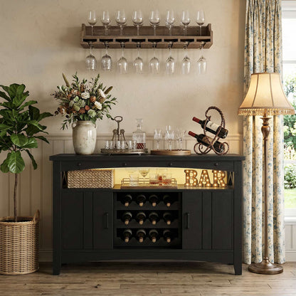 Farmhouse Coffee Bar Cabinet with Charging Station, LED Lights & Movable Wine Rack