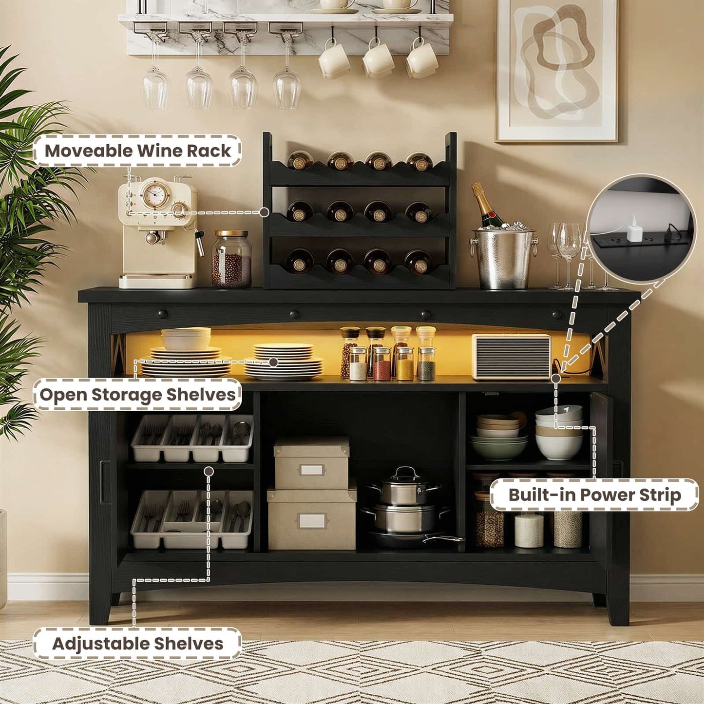 Wine Bar Cabinet with Power Outlets, Liquor Cabinet with LED Lights, and Movable Wooden Wine Rack