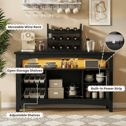 Wine Bar Cabinet with Power Outlets, Liquor Cabinet with LED Lights, and Movable Wooden Wine Rack