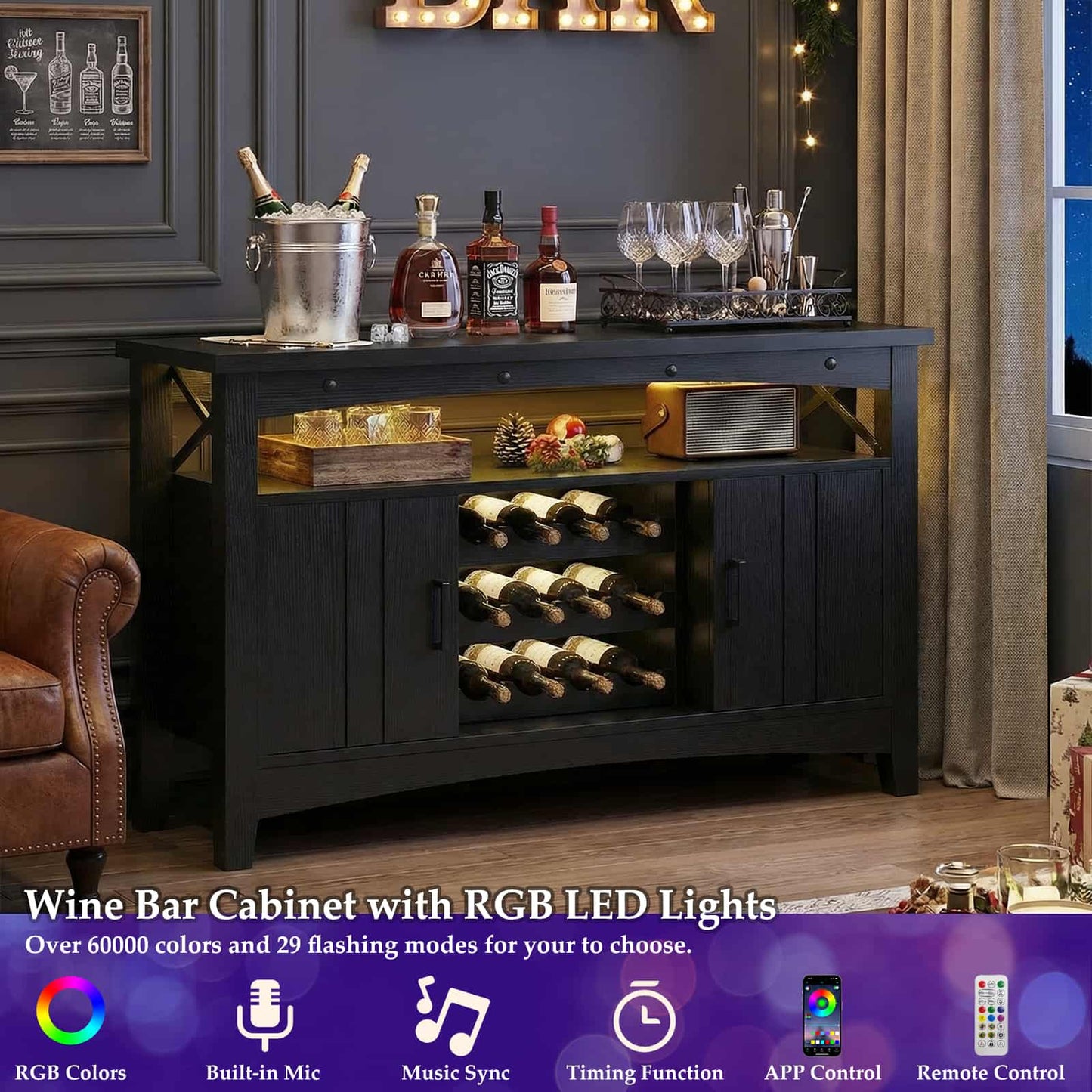 Wine Bar Cabinet with Power Outlets, Liquor Cabinet with LED Lights, and Movable Wooden Wine Rack