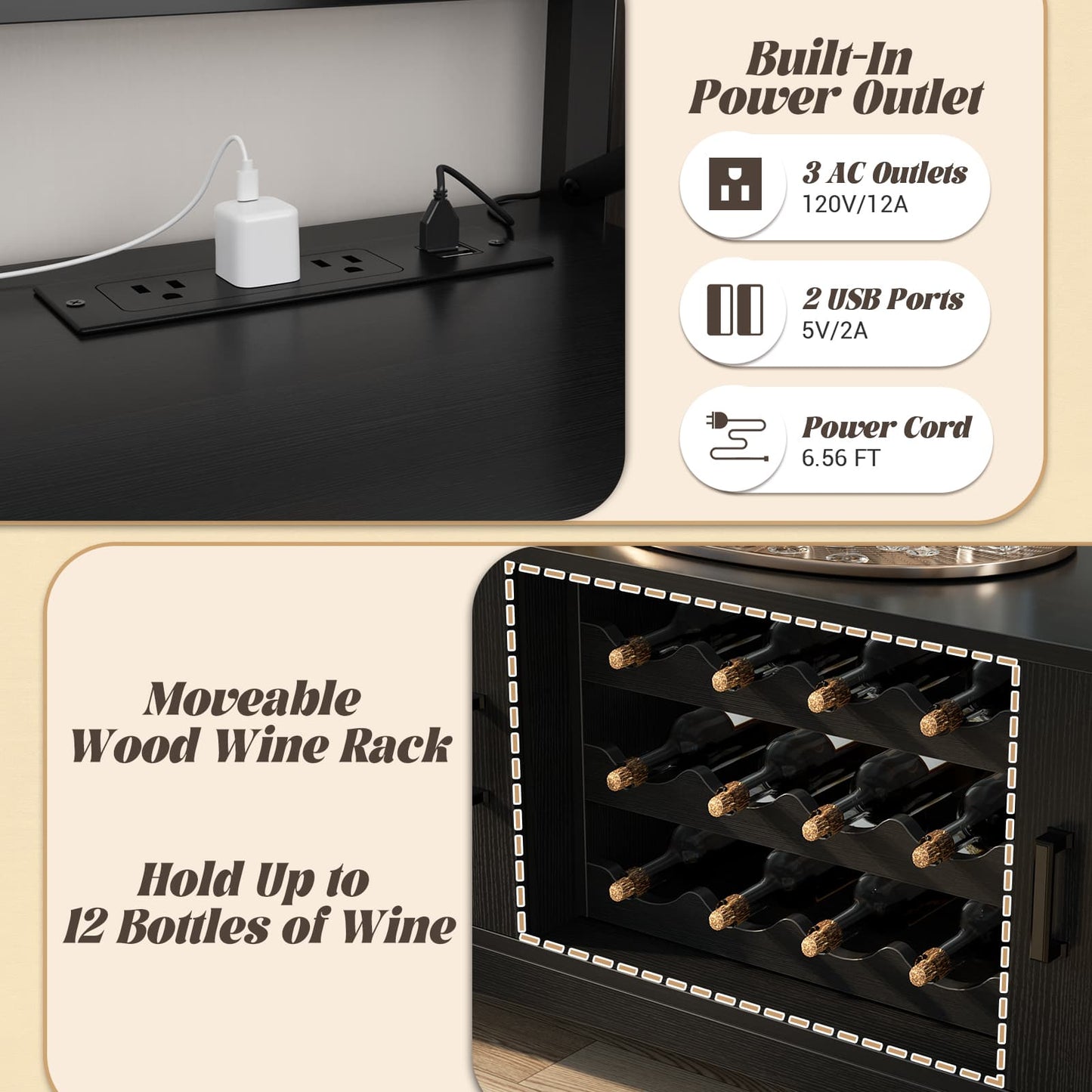 Wine Bar Cabinet with Power Outlets, Liquor Cabinet with LED Lights, and Movable Wooden Wine Rack