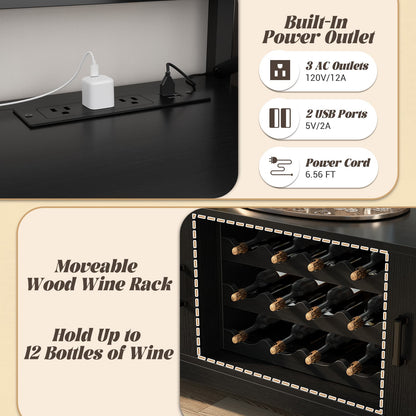 Wine Bar Cabinet with Power Outlets, Liquor Cabinet with LED Lights, and Movable Wooden Wine Rack