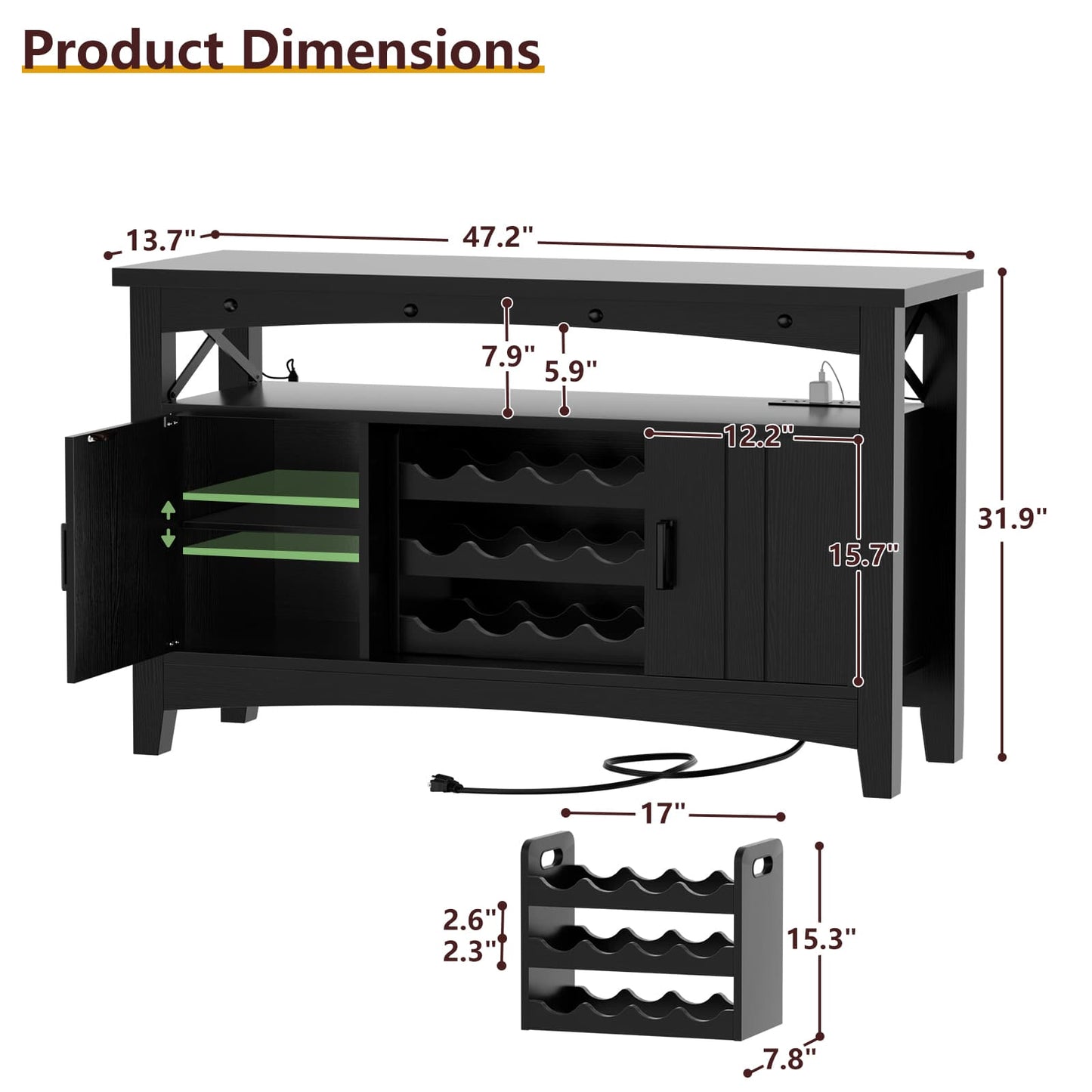 Farmhouse Coffee Bar Cabinet with Charging Station, LED Lights & Movable Wine Rack