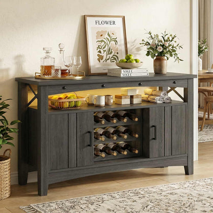 Wine Bar Cabinet with Power Outlets, Liquor Cabinet with LED Lights, and Movable Wooden Wine Rack