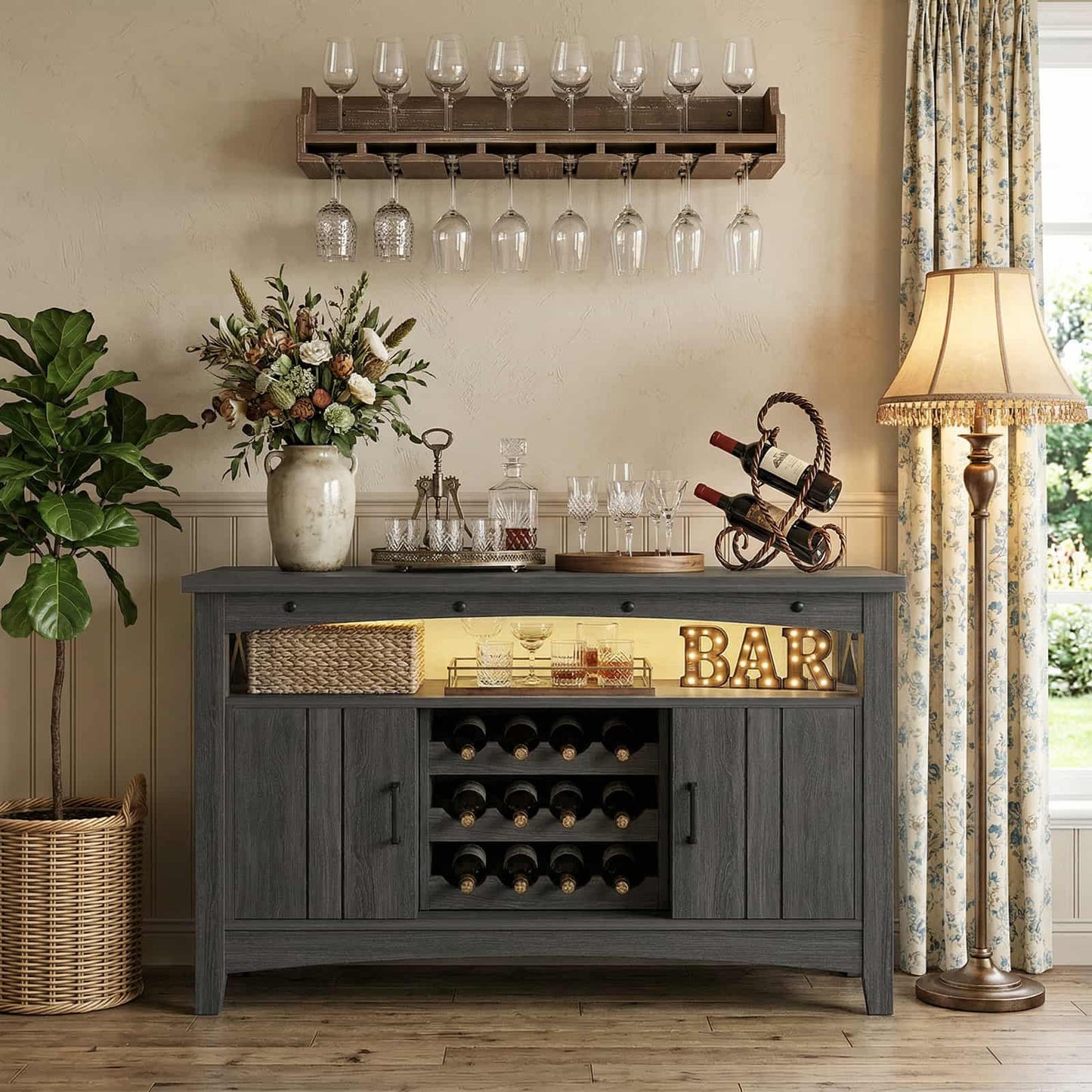 Wine Bar Cabinet with Power Outlets, Liquor Cabinet with LED Lights, and Movable Wooden Wine Rack