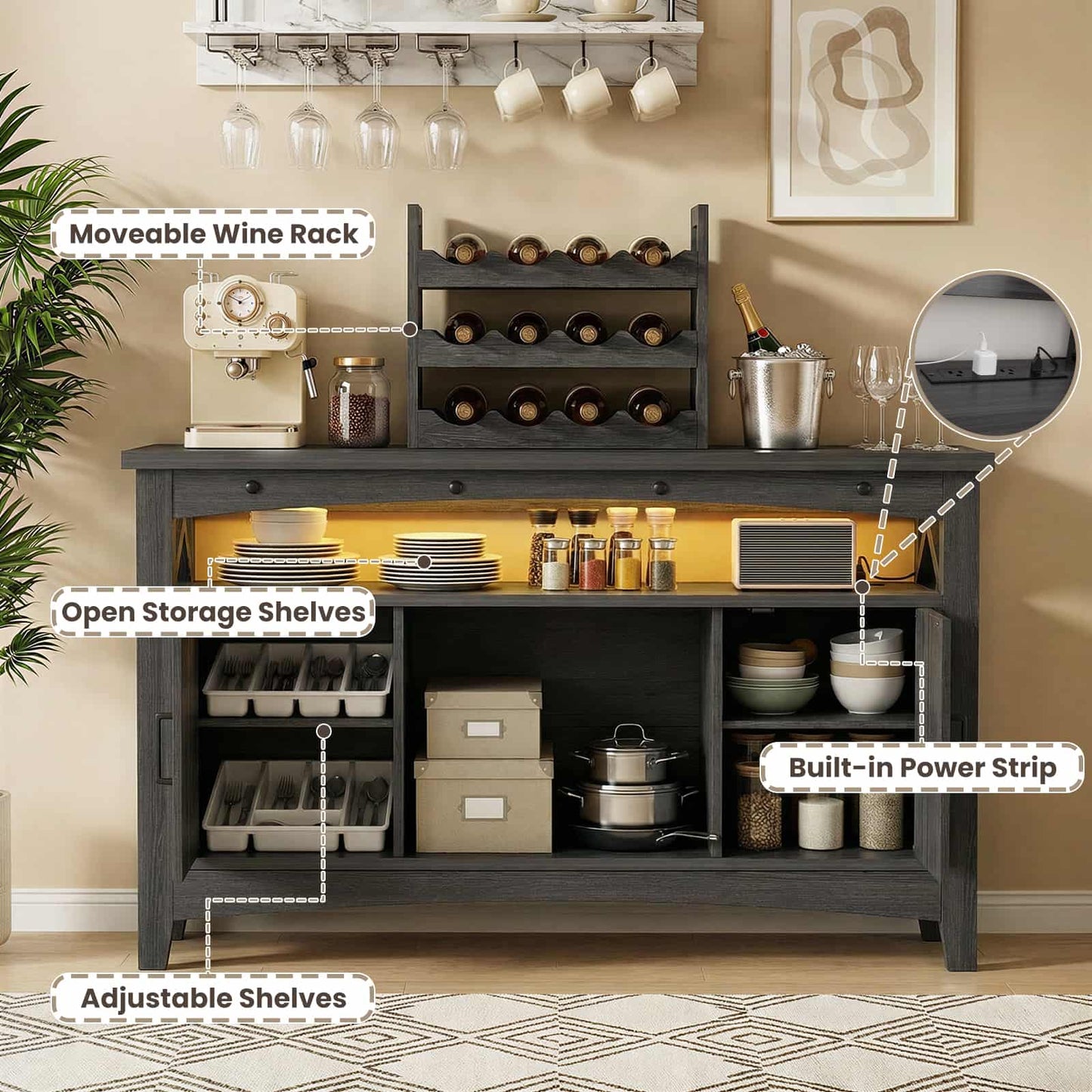 Wine Bar Cabinet with Power Outlets, Liquor Cabinet with LED Lights, and Movable Wooden Wine Rack