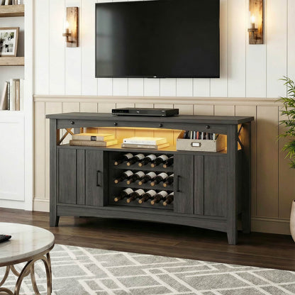 Wine Bar Cabinet with Power Outlets, Liquor Cabinet with LED Lights, and Movable Wooden Wine Rack