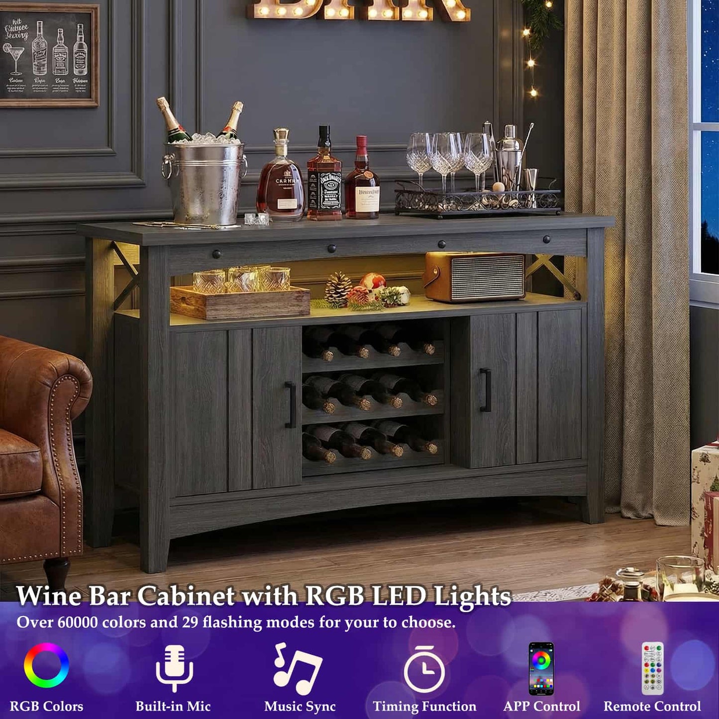 Wine Bar Cabinet with Power Outlets, Liquor Cabinet with LED Lights, and Movable Wooden Wine Rack