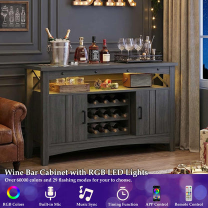 Wine Bar Cabinet with Power Outlets, Liquor Cabinet with LED Lights, and Movable Wooden Wine Rack