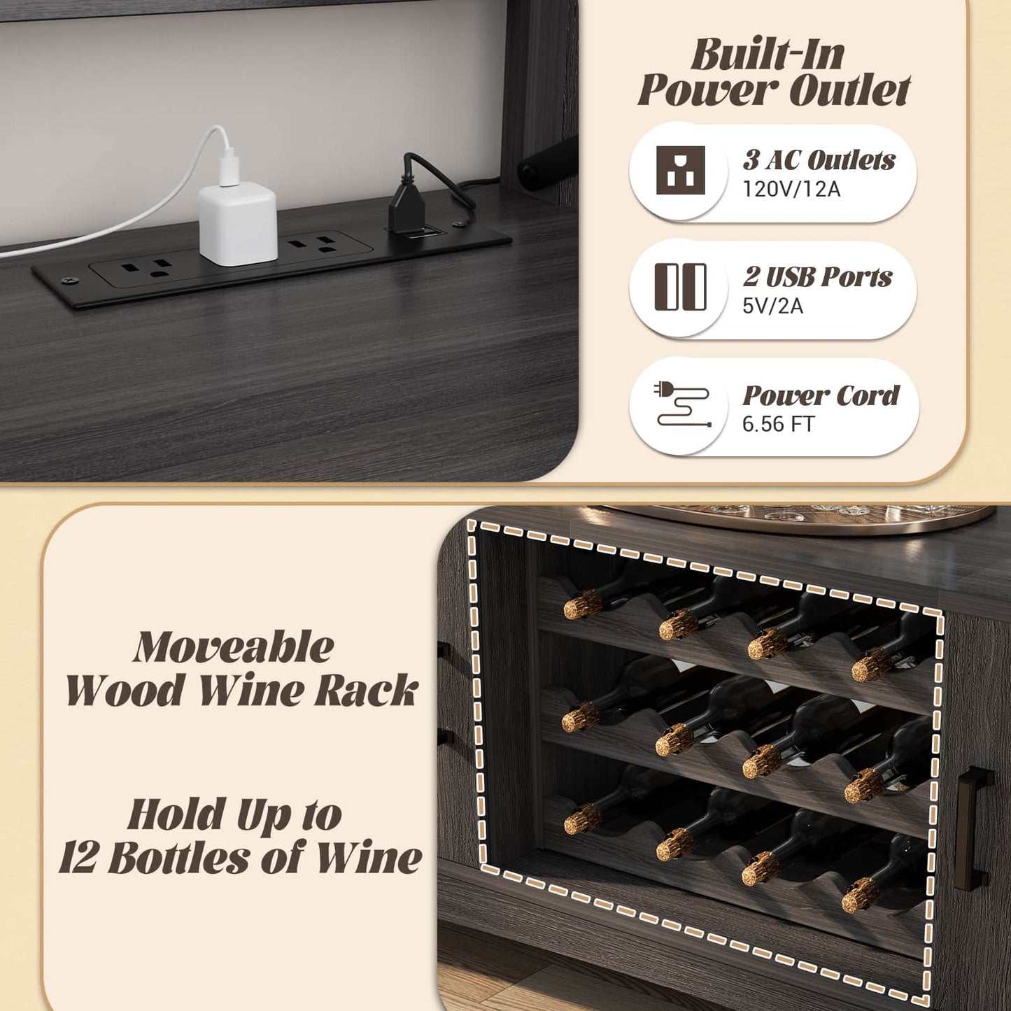 Wine Bar Cabinet with Power Outlets, Liquor Cabinet with LED Lights, and Movable Wooden Wine Rack